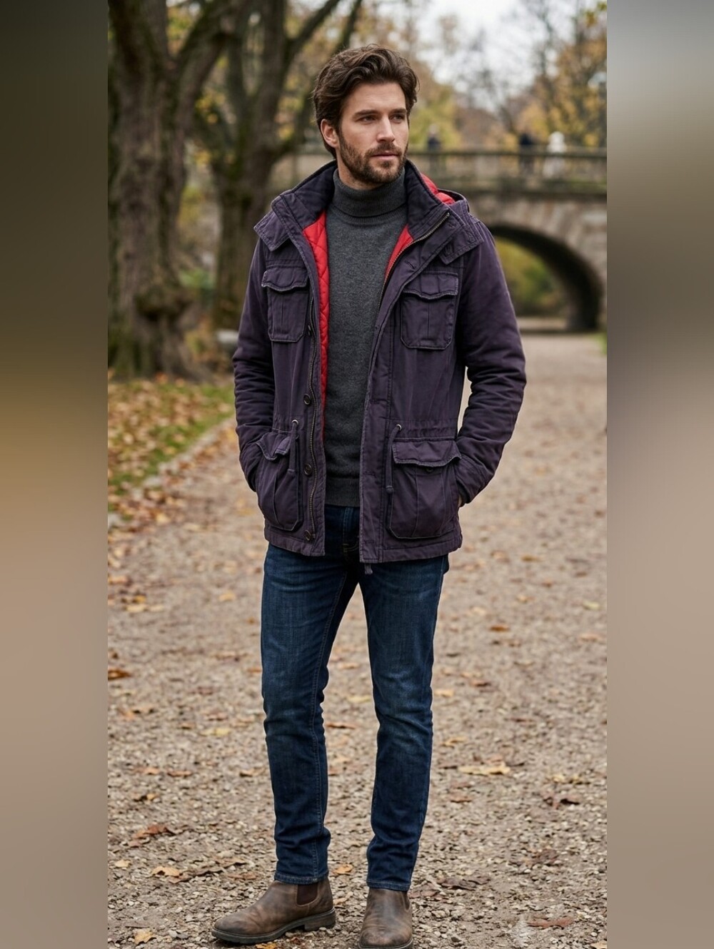 A&F Mens Hooded Winter Jacket Sz M Black w/Red Quilted Lining 3/4 Length Pockets